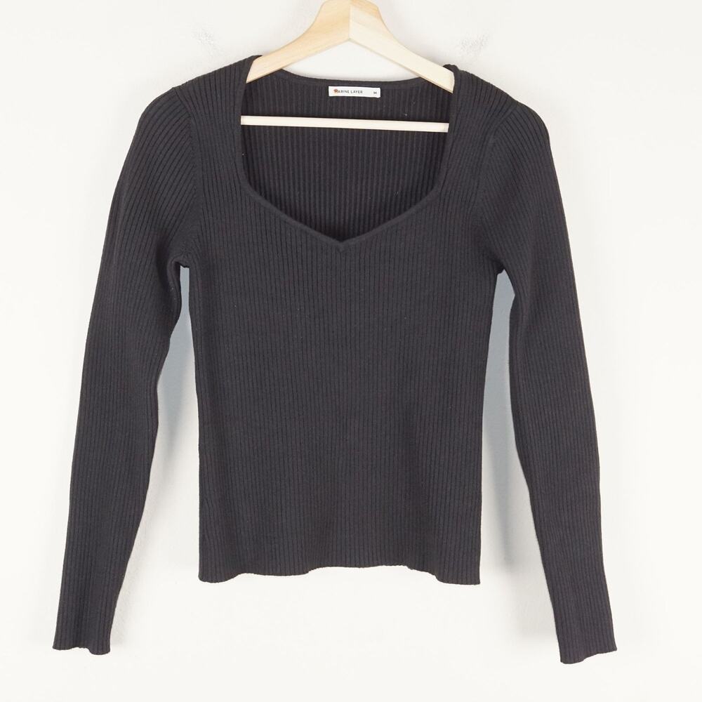 Marine Layer Black Ribbed Knit Sweetheart Long Sleeve Top Womens Sz M